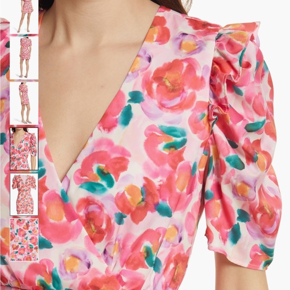 Adelyn Rea , Pauline Floral Puff Sleeve Minidress In Hot Coral, NWT - Picture 3 of 9